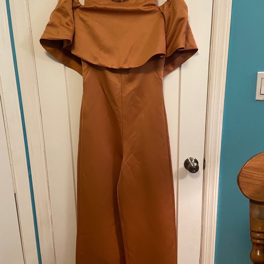 ASOS Bonded Off Shoulder Gold Jumpsuit Size 4 - Picture 6 of 10